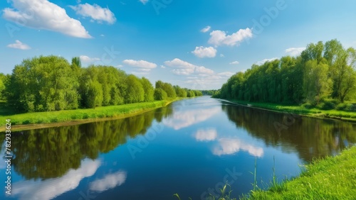 summer landscape with a serene lake, a wooden rowboat moored on the lush green shore, under a vibrant blue sky with fluffy clouds.