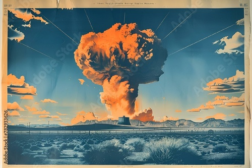 Risograph art of a giant mushroom cloud in the middle of a desert area
