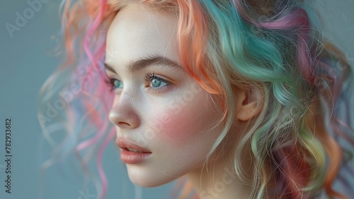 AI generated illustration of a girl with vibrant rainbow hair