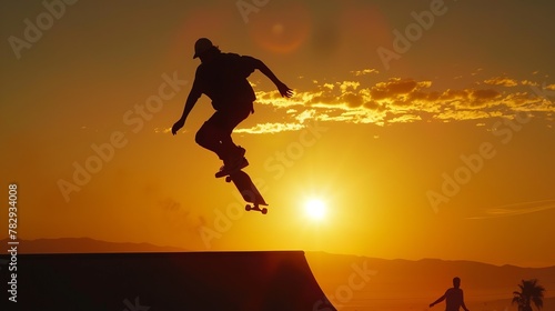 skateboarder against the backdrop of sunset. copy space. cool man with a skateboard. Skater silhouette against sunset backdrop