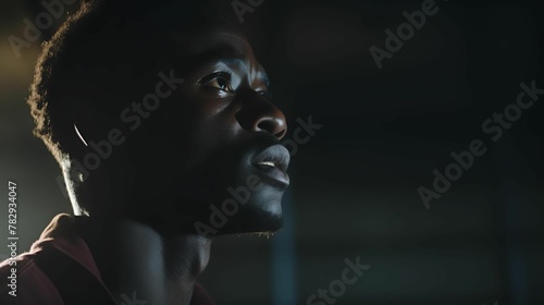 AI generated illustration of an African American man gazes into the distance in a dimly lit room