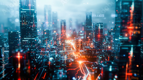 Futuristic cityscape with illuminated skyscrapers and data streams  representing a cyberpunk metropolis or advanced digital infrastructure.
