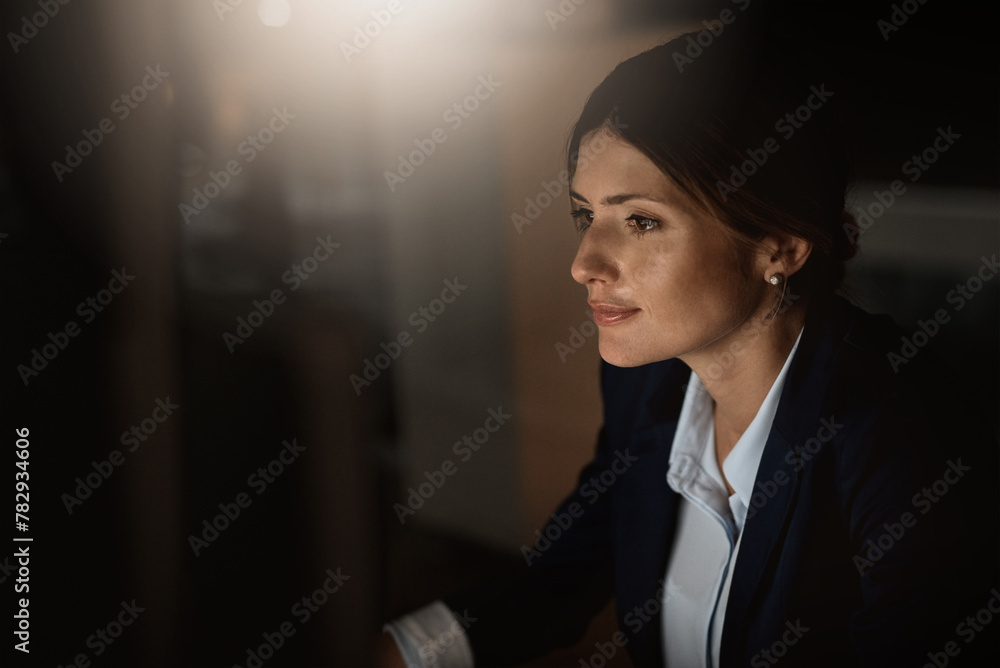Ideas, thinking and woman in dark office with computer for research, web review or networking. Reading, internet search and consultant at desk with online report, article or email schedule at night Ideas, thinking and woman in dark office with computer for research, web review or networking. Reading, internet search and consultant at desk with online report, article or email schedule at night