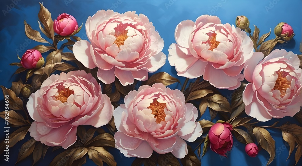 oil paintings of peony flowers on a blue backdrop. oil paintings of peony flowers on a blue backdrop.
