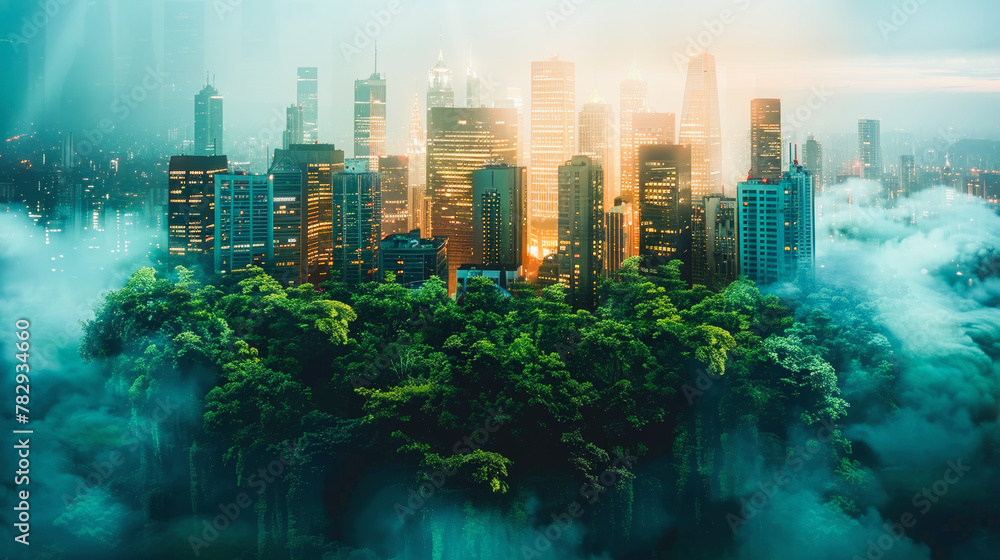 Skyscrapers rise above a lush forest blanketed in mist, symbolizing a fusion of urban development and natural landscape at dawn.