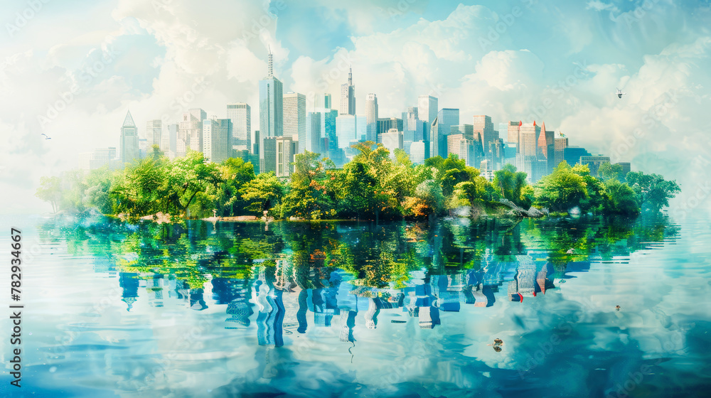 Obraz premium A serene digital artwork of a city skyline with lush greenery reflected on a clear, tranquil water surface.