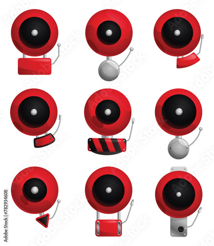 Red fire alarm system signal device isolated on white. Prevention, emergency, warning bell. Vintage signaling. Retro signalization. Firefighter equipment and tool. Vector cartoon illustration