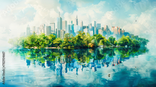 A serene digital artwork of a city skyline with lush greenery reflected on a clear  tranquil water surface.