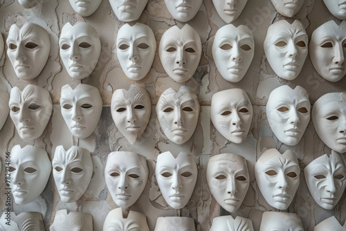 A collection of emotionless white masks on a white wall