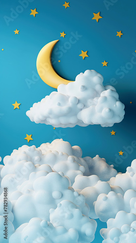 Good night and sweet dreams. Moon, stars and white clouds on vertical blue background. Phone wallpaper