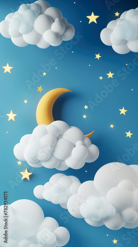 Good night and sweet dreams. Moon, stars and clouds on blue background. Mobile phone wallpaper