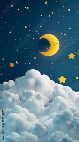 Good night and sweet dreams. Smiling cartoon moon, stars and clouds on vertical blue background