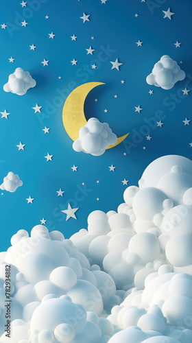 Moon, stars and clouds on vertical blue background. Sweet dreams wishes