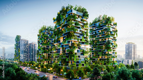 Sustainable architecture concept: Multi-story buildings with green balconies against an urban backdrop suggesting eco-friendly design in a modern city. #782935005