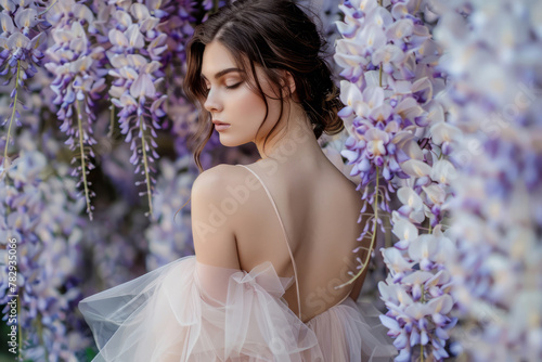 Beautiful woman in a flowing maxi dress with sequins on wisteria flowers backdrop. Generative AI