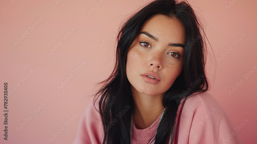 portrait photo of a 30-year-old woman wearing a blank sweatshirt, skin is slightly tanned, background is a plain pink, with empty copy space portrait photo of a 30-year-old woman wearing a blank sweatshirt, skin is slightly tanned, background is a plain pink, with empty copy space