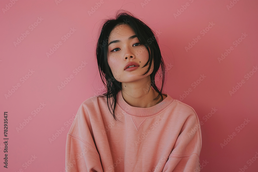 portrait photo of a 30-year-old woman wearing a blank sweatshirt, skin is slightly tanned, background is a plain pink, with empty copy space portrait photo of a 30-year-old woman wearing a blank sweatshirt, skin is slightly tanned, background is a plain pink, with empty copy space