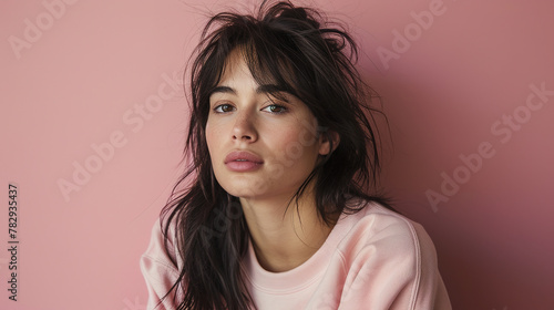 portrait photo of a 30-year-old woman wearing a blank sweatshirt, skin is slightly tanned, background is a plain pink, with empty copy space
