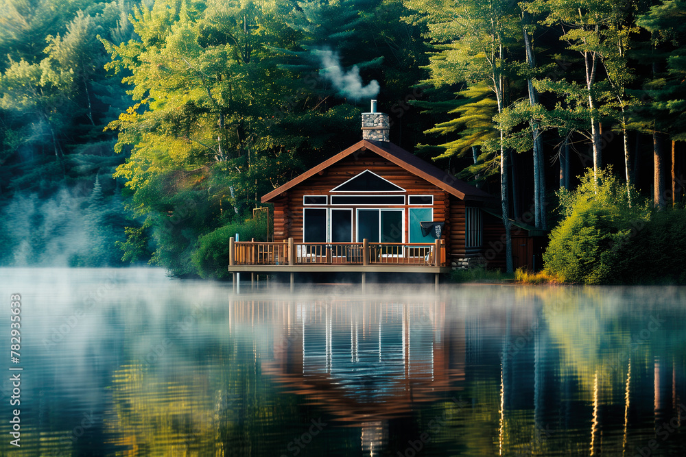 AI generated illustration of a summer cottage on a lake side
