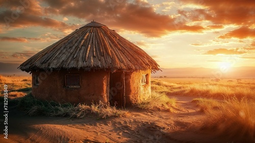 a hut sitting in the desert with the sun setting in the background
