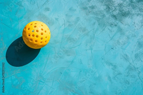 Yellow pickleball ball with paddle close-up on a pickleball court, with space for text. Beautiful simple AI generated image in 4K, unique. photo