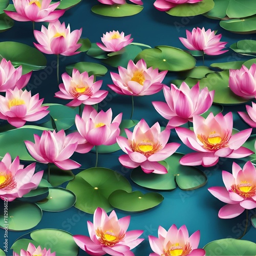many pink lotus flowers in the water and leaves floating down