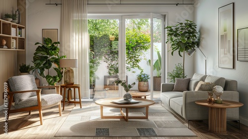 A bright and airy living room with wooden flooring and a sliding glass door leading to an outdoor area. A modern home interior design with a modern aesthetic simple style.