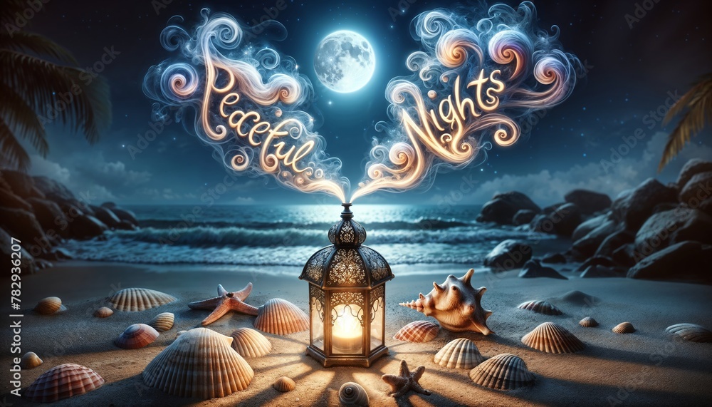 Smoke whimsically spells out "Peaceful Nights" in a fantasy-inspired font, backlit by a gibbous moon - obrazy, fototapety, plakaty 