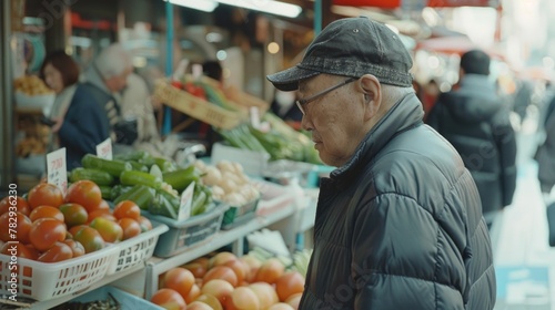 A man standing in front of a fruit and vegetable stand. Suitable for food and agriculture concepts