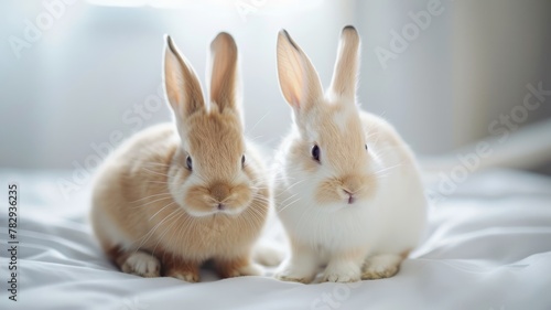 two playful bunnies frolicking on a cozy bed, a light brown, coat while sports white fur with delightful pink ears. Utilize soft pastel colors and evoke a charming cottagecore aesthetic.