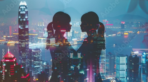 Silhouette of two businesswomen stand and look far away photo