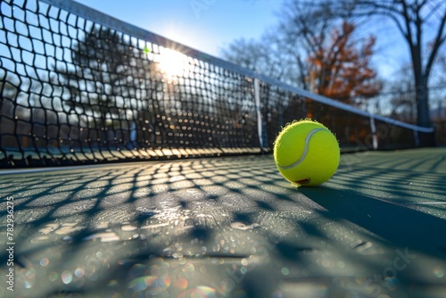 Yellow pickleball ball close-up on a pickleball court, with space for text. Beautiful simple AI generated image in 4K, unique.