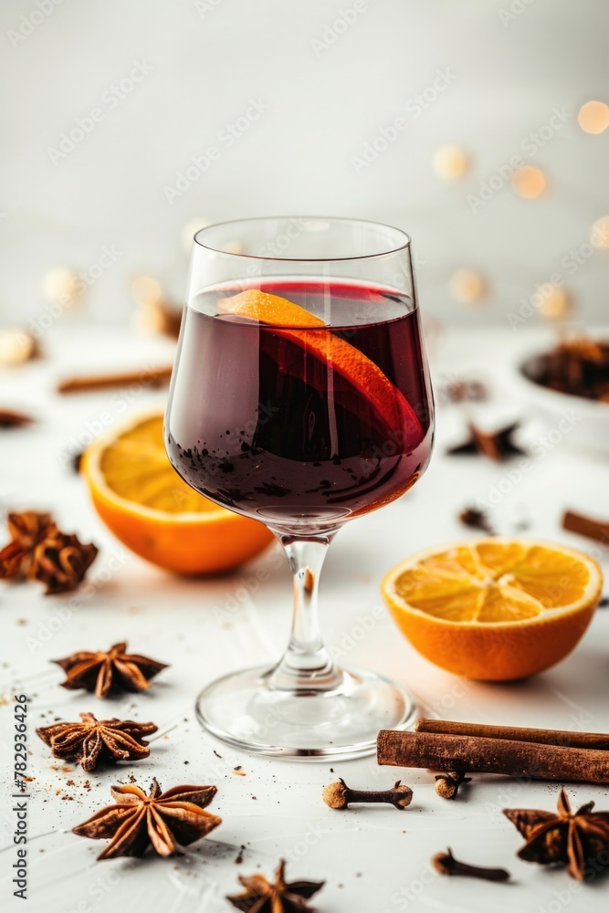 A glass of wine with a slice of orange and star anise. Perfect for food and beverage concepts A glass of wine with a slice of orange and star anise. Perfect for food and beverage concepts