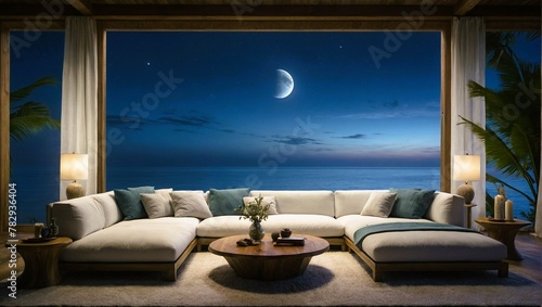 an ocean view from a tropical beach home at night with a full moon photo