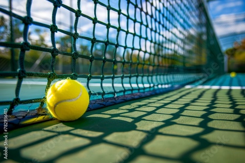 Green pickleball ball close-up on a pickleball court, with space for text. Beautiful simple AI generated image in 4K, unique.