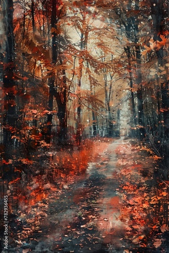 A peaceful painting of a path in the woods, suitable for nature and landscape themes