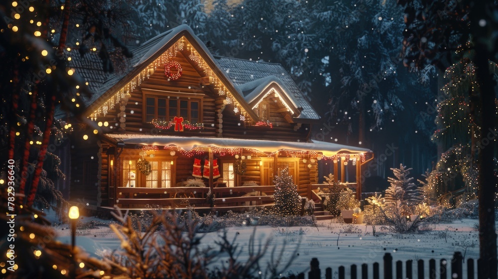 Fototapeta premium A cozy house adorned with twinkling Christmas lights. Perfect for holiday designs