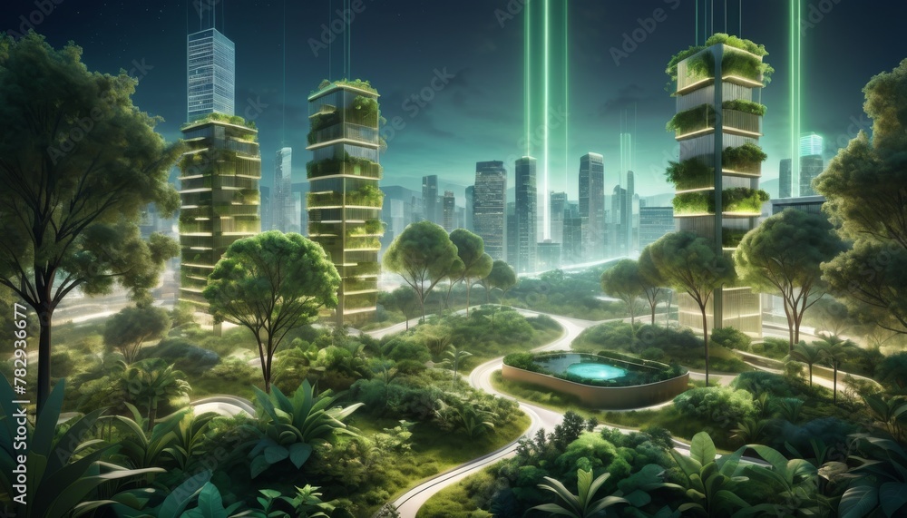 An imaginative green urban scene at night with buildings enveloped in lush vertical gardens under neon lights.. AI Generation. AI Generation
