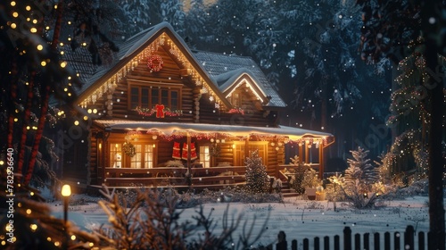 A cozy house adorned with twinkling Christmas lights. Perfect for holiday designs