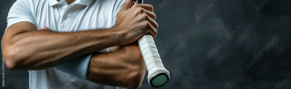 A person is holding a tennis racket, showcasing well-defined arm muscles against a dark background. Professional tennis injuries, muscle inflammation, tennis elbow