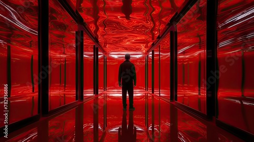dark matter red art house future schizophrenia limbo hipper reflection in the mirror room, alone man stratification of consciousness photo