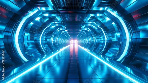 A futuristic spaceship interior on a blue background with abstract interior sci-fi corridors. 3D rendering.
