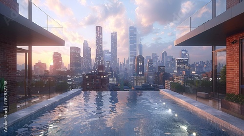 Sunset view of an outdoor pool with a cityscape in the background, AI-generated.