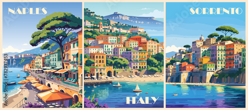 Set of Italy Travel Destination Posters in retro style. Naples, Sorrento seascape digital prints. European summer vacation, holidays concept. Vintage vector colorful illustrations. photo