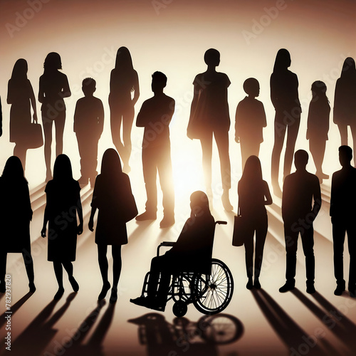 Dark silhouette of people with on person handicapped in wheelchair. Diversity, unity, inclusion and equality concept illustration photo