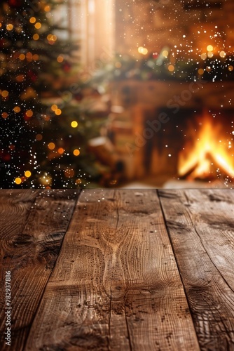 A festive wooden table with a Christmas tree in the background. Ideal for holiday-themed designs
