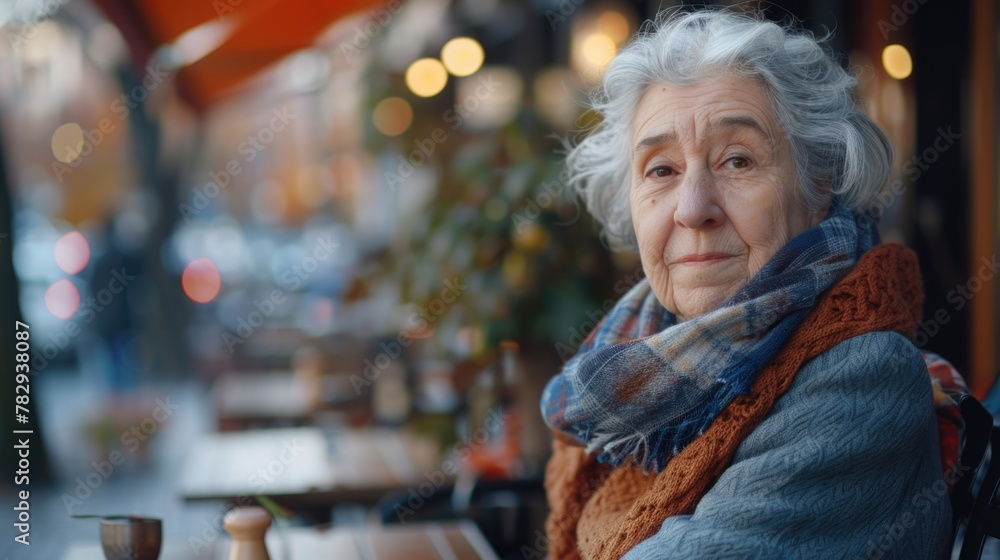 Woman sitting at table with cup of coffee, perfect for cafe or relaxation concept Woman sitting at table with cup of coffee, perfect for cafe or relaxation concept