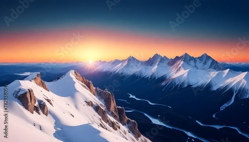  Sphoto beautiful scenery of high rocky mountains covered with snow under the breathtaking sky, suns from the sunset, Minimalist style