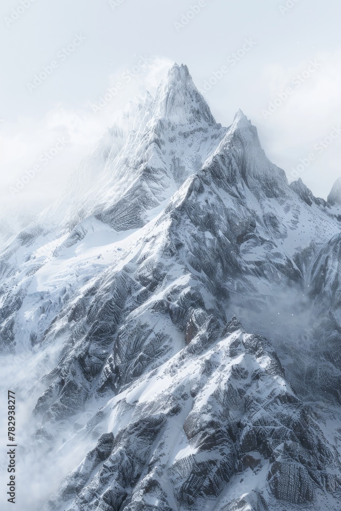 A majestic mountain covered in snow and clouds. Ideal for travel and nature concepts