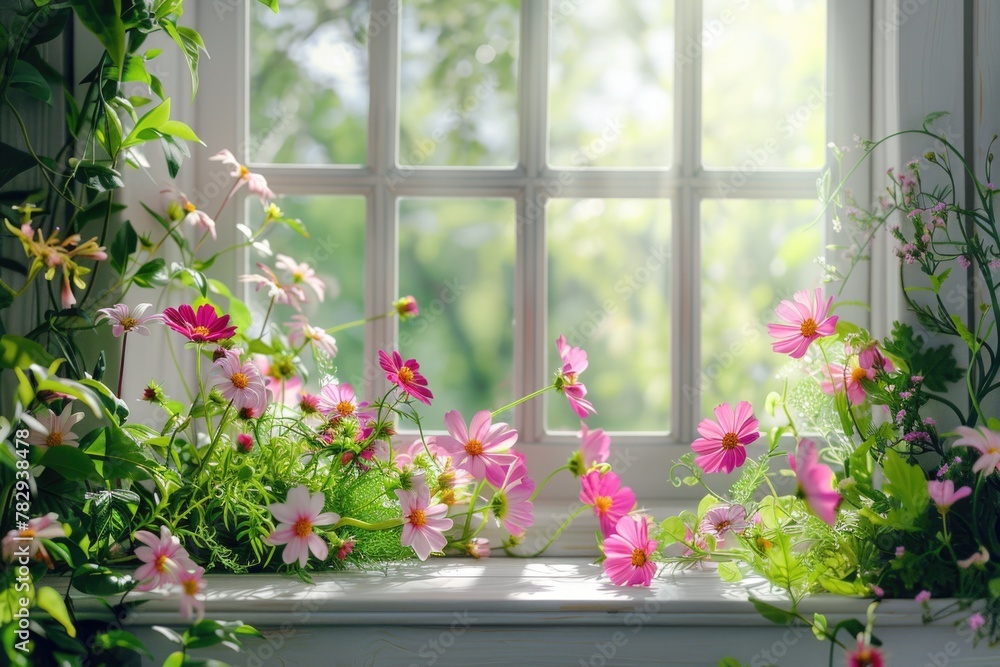 Fototapeta premium A window sill overflowing with colorful flowers. Perfect for home decor ideas